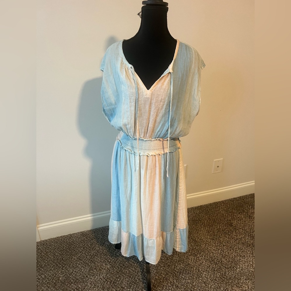 Rails Blue And Cream Linen Midi Dress Size Large